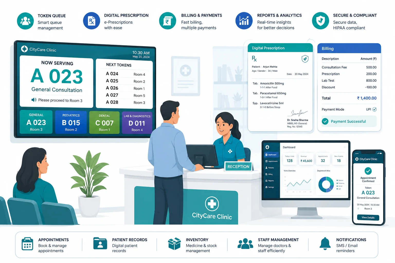 JasMed — token queue, digital prescriptions, billing and reports